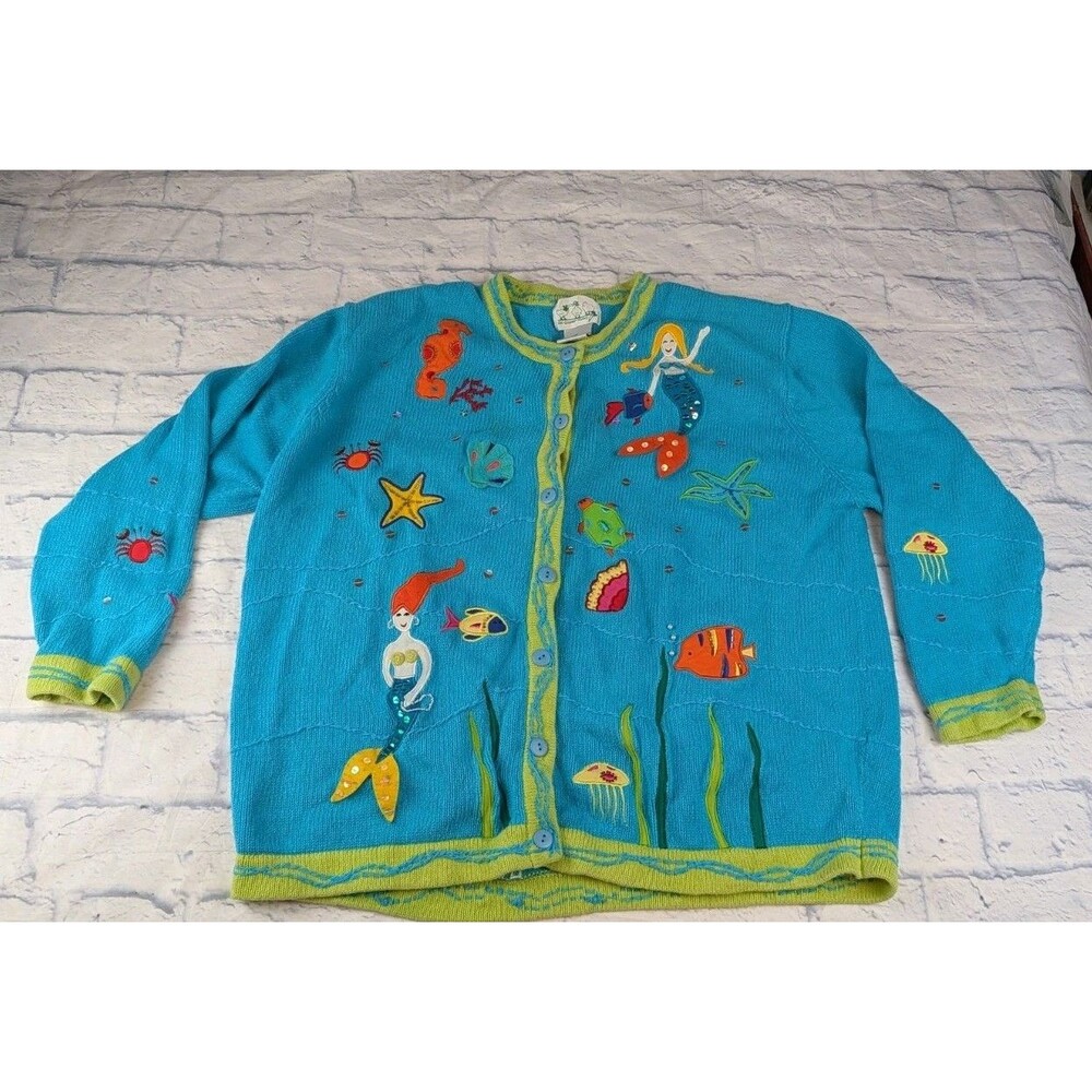 QUACKER FACTORY BLUE EMBROIDERED BEADED MERMAID 1x  FISH SEA CARDIGAN SWEATER